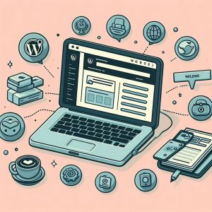 Ilustração de um laptop com painel do WordPress aberto, rodeado por ícones de funcionalidades e elementos web