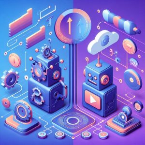 Dois robôs estilizados, um representando automação com ícones de engrenagens e gráficos, outro representando criação de vídeos com um celular e ondas de edição.